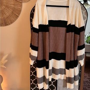 SHEIN Striped Open-Front Cardigan in Cream, Mauve & Black